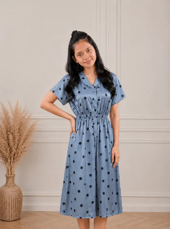 Daster Wanita Polkadot Biru Tua